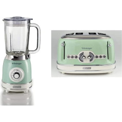 Ariete 583 Vintage, Retrò, 1000 Watt Blender with Glass Container, 1.5 Litres, 6 Stainless Steel Blades, Green & 156 Vintage Toasters for 4 Slices, 1600 W, 6 Toast Levels, Pastel Green