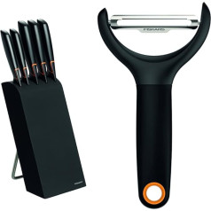 Fiskars Designer Knife Block with 5 Knives, Width: 15.5 cm, Height: 37 cm, Birch Wood, Black, Edge, 1003099 & Vegetable Peeler, 23 x 7.9 x 2 cm, Steel/Plastic, Functional Shape, Black, 1016122