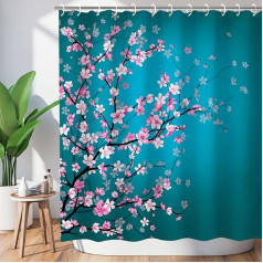 LIVILAN Cherry Blossom Flower Shower Curtains with 12 Hooks Mildew Resistant Fabric Bath Curtain Bathroom Decor 71x72 Inch Turquoise Cherry Blossom Shower Curtains-2