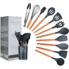 11 Piece Silicone Cookware Set Heat Resistant Wooden Handle Kitchen Tool Storage Bucket Non-Stick Cookware (Dark Grey)