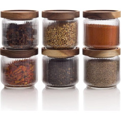Mason & Fable Storage Jars with Wooden Lids - Stackable Ribbed Glass with Lid - Airtight Storage Jar Glass for Biscuits, Tea, Sugar - Decoration for Kitchen, Pantry, Bathroom - 0.35 L, Set of 6