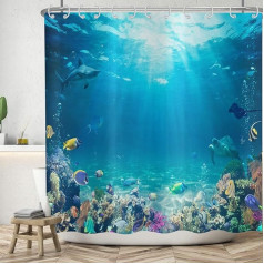 Sea Floor Shower Curtain 180 x 200 cm, ASDCXZ Blue Deep Sea Ocean Colourful Underwater World Shark Turtle Fish Bath Washable Shower Curtains Polyester Textile Waterproof Bath Curtain for Bath with 12