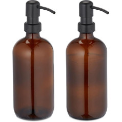 Relaxdays Glass Soap Dispenser, Set of 2, Stainless Steel Pump Head, Refillable, Bathroom, Kitchen, Liquid Soap Dispenser, 500 ml, Brown