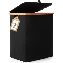 Rieeyrslza Laundry Basket with Lid, 60 L Bamboo Laundry Basket, Foldable Oxford Cloth Laundry Sorter Storage Box for Clothes, Blankets and Toys, Suitable for Living Room and Bedroom (Black)