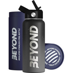 Beyond Premium Vacuum Insulated Stainless Steel Water Bottle, Double Walled, 1000 ml, Wide Mouth, BPA Free, Black and Grey