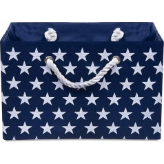 Foldable blue canvas storage basket - high quality rectangle fabric basket with white stars - perfect for household storage, fabrics or toys. Dimensions: width 42 cm x depth 32 cm x height 28 cm.