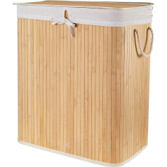 Foldable Laundry Basket with 2 Compartments, Lining and Lid, Bamboo and Polyester Cotton, 52 x 32 x 63 cm, Natural Brown, RAN11555