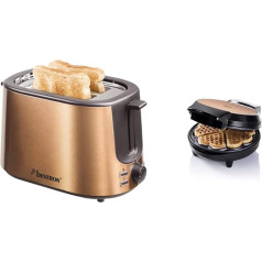 Bestron Toaster with 2 Roasting Chambers, Crumb Drawer and Bun Roasting Attachment, 1000 W, Stainless Steel in Copper Effect & Waffle Iron for Classic Heart Waffles, Non-Stick Coating, 700 Watt, Copper
