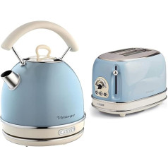 Ariete Vintage Céleste 155 Toaster with 2 Slots & 2877 Vintage Wireless Kettle, 1.7 L, 2200 W, Blue, Stainless Steel