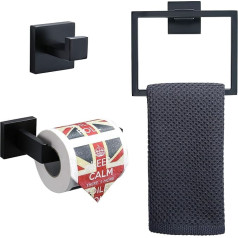 TURS Q7BK-N3 3-Piece Towel Holder Bathroom Hardware Set Wall Mount Towel Ring Toilet Paper Holder Coat Hook Stainless Steel Matt Black Finish