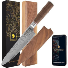 CAPPENBACH Damascus Knife - Handmade Kitchen Knife with 20 cm Hammered Blade Made of Damask Steel, Ergonomic Walnut Wood Handle in Elegant Wooden Box, Blade Guard, Gift Box & E-Book