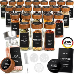 EDELHAUS® Spice Jars Square with Bamboo Wooden Lid (Pack of 24) Spice Jars with Shaker Insert and 240 Labels - Bamboo Lid Glass Container for Spice Organisation [11 cm x 4.5 cm]