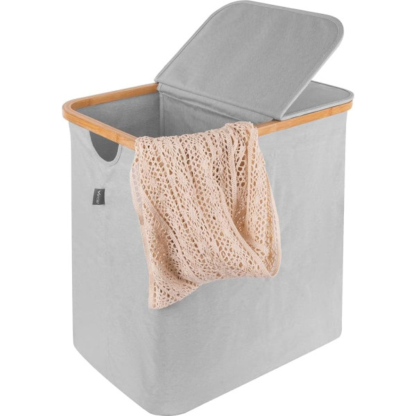 Vencier Extra Large Bamboo Laundry Hamper with Lid - 88L Capacity - Spacious Laundry Basket for Bedroom and Bathroom - Practical Handles (Light Grey)