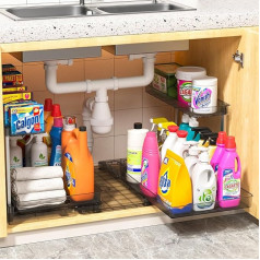 Fowooyeen Kitchen Cabinet Organiser, Kitchen Organiser with Drawers & Water Tablet, Cabinet Organiser, Kitchen, Cleaning Supplies Organiser for Base Cabinet & Sink, Under Sink Shelf in Grey