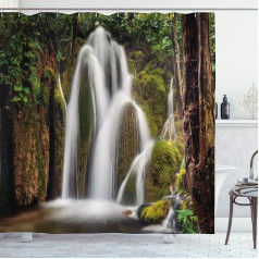 ABAKUHAUS Natural Shower Curtain, Waterfall in the Rainforest with 12 Rings Set, Waterproof, Stemy, Modern, Colourfast and Mildew Resistant, 175 x 180 cm, White / Green