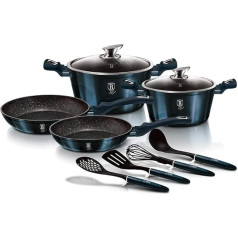 Berlinger Haus Aquamarine Induction Cooking Pot Set, 10 Pieces, Non-Stick PFOA-Free Marble, Aluminium, Set of 2 Pots, 2 Glass Lids, 2 Frying Pans, 4 Kitchen Utensils, Metallic Line Design, Glass