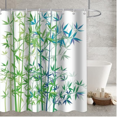 Aotiwe Shower Curtain for Bath, Shower Curtain 90 x 180 cm, Washable Textile Leaves Bamboo Blue Green with Shower Curtain Rings