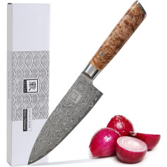 zayiko Kinone Premium Small Chef's Knife - 16 cm Blade Made of 67 Layers of Genuine Damascus Steel, Ergonomic Birch Root Wood Handle, Ideal for Professional and Hobby Chefs, Includes Elegant Gift Box