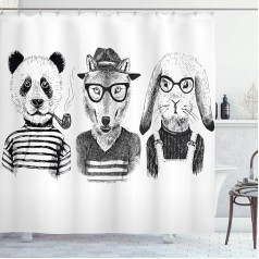 ABAKUHAUS Animal Shower Curtain, Hipster Panda Cigar Fox, with 12 Rings Set, Waterproof, Stemy, Modern, Colourfast and Mildew Resistant, 175 x 200 cm, White Black Grey