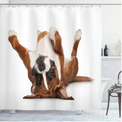 ABAKUHAUS Boxer Dog Shower Curtain, Funny Playful Puppy Picture, Fabric Fabric Bathroom Decoration Set with Hooks, 175 x 200 cm, Pale Caramel Dark Brown