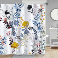 Bonhause Shower Curtain Flowers Leaves Wild Plants Shower Curtains 180 x 180 cm Anti-Mould Waterproof Polyester Fabric Washable Bathroom Curtain for Bathroom with 12 Hooks