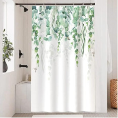 Uiiooazy Eucalyptus Shower Curtain, Green Leaves, Plant Motif, Shower Curtains, Anti Schmmel, Water-Repellent, Polyester Fabric, Washable, Slim Bathroom Curtain with 8 Hooks for Bathroom, 120 W x 180