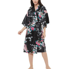 Women's Satin Rose Print Kimono Robe Premium Peacock Bridesmaid Bridal Dressing Gown Sleepwear Sleepwear, Peacock Flowers Black