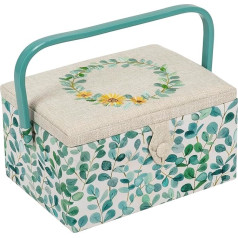 Hobby Gift MRME Exclusive Medium Sewing Craft Storage Box, Accessory Tray, Pin Cushion, Bag, PVC Handle, Embroidered Lid, Eucalyptus, 18.5 x 25.5 x 14.5 cm