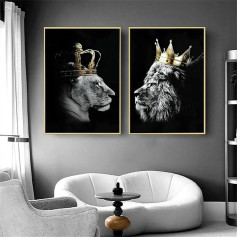 Lion and Lioness with Crown Canvas Pictures, Black White Animal Poster Decoration, Wild Animal Art Prints for Living Room, Home Decor No Frame (Lion -1, 2 x 50 x 70 cm)