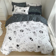 Koudi Children's Bed Linen 135 x 200 cm Space Children's Bed Linen Boys White Black Rocket Stars Planets Astronate Space Pattern Duvet Cover Zip with Pillowcase 80 x 80 cm