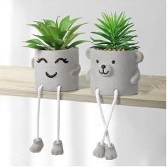 Dremisland Set of 2 Artificial Plants in Pot Mini Artificial Plant Fake Succulent with Hanging Leg Emotional Cement Potted Plant Faux Decorative Plant for Home Office Table Decoration Bookshelf