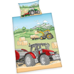 Herding Tractor Bed Linen Set, Made in Green by Oeko Tex, Pillowcase Approx. 40 x 60 cm, Duvet Cover Approx. 140 x 200 cm, with Smooth Brand Zip, 100% Cotton/Renforcé