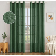 MIULEE Set of 2 Voile Curtains, Sheer Linen Curtains with Eyelets, Transparent, Irregular Texture, Translucent Curtain for Bedroom, 245 x 140 cm (H x W), Dark Green