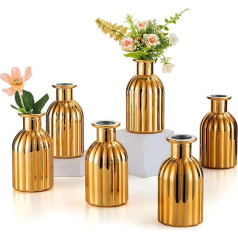 Inweder Glass Vase for Christmas Table Decoration - Set of 6 Small Flower Vases Vintage Ribbed Bud Vase Glass Gold Glass Bottles Wedding Decoration Table Plant Propagation Station Room Decoration