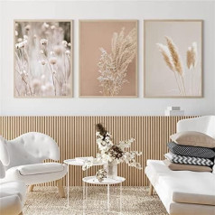 LPFNSF Modern Flowers Canvas Painting Set of 3 Plant Wall Pictures Boho Beige Natural Pampas Grass Pictures, No Frame (50 x 70 cm x 3)