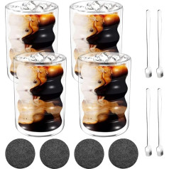 Aiuuee Iced Coffee Glasses Set of 4, Double-Walled Glasses 350 ml with 4 Spoons + 4 Coasters, Cappuccino Glasses, Coffee Glasses, Bubble Glasses, Clear Glasses Tumblers, Beer Glasses for Cocktail,