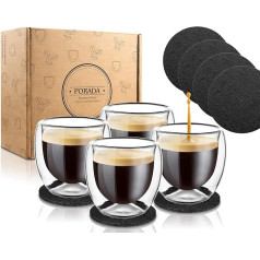 Porada Set of 4 Double-Walled Espresso Glasses 80 ml 4 Extra Coasters Dessert Glasses Double-Walled Glasses Espresso Cups Set Thermal Glasses Gift Set Turkish Tea Glass
