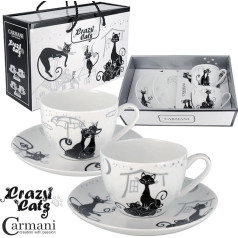 CARMANI - Schick Tee-Tasse und Untertasse Satz von 2 mit 'Verrückte Katzen' 200ml