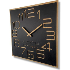 FLEXISTYLE Wall Clock Large Wood Effect Wood Digits ECO Square Silent Living Room Bedroom Made in EU (Black, 60 cm)