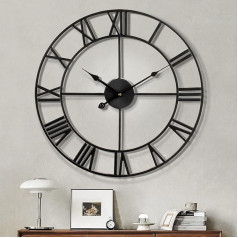 Modern Roman Numerals Large Wall Clocks Lightweight Ticking Round Metal Silent Wall Clock for Living Room Kitchen Bedroom Garden Vintage Wall Clocks Decor Black 47 cm
