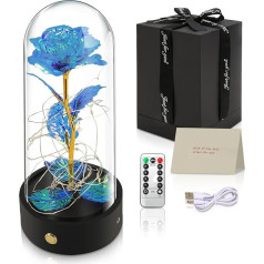 BestYiJo Eternal Rose in Glass, Valentine's Day Women's Day Gift, Rotating Music Base, LED Light in Glass Dome on Wooden Base, for Main Decoration Birthday, Wedding, Mother's Day, Anniversary (Blue)