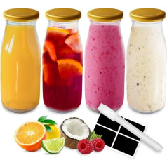 volila Glass Milk Bottles - 250ml x 4 Pieces Glass Bottles with Lids, Labels and Pen for Storing Milk and Fresh - Reusable Glass Containers with Gold Lid for