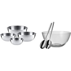 WMF Gourmet Bowl Set of 4, Stainless Steel Bowls for the Kitchen 0.75 L - 2.75 L & Taverno Salad Bowl Set 3 Pieces, Salad Servers 25 cm with Salad Bowl, Round Bowl 23.5 cm, Glass, 43 x 30 x 30 cm