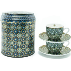 IMAGES D'ORIENT Gift Set 2 in 1 Metal Tins with 2 x 90 ml Porcalain Espresso Cups Mocha Cups Each with Saucer in Mediterranean Oriental Design