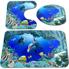 Smavles Bathroom Set Rug 3-Piece Bath Mats Washable Bath Mat Ocean Style Underwater World Dolphin Carpe Toilet Mat 3D Dolphin Print Bath Mat Set