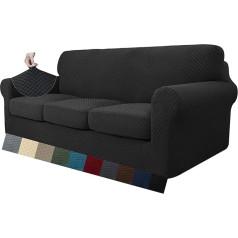 MAXIJIN Stretch Sofa Cover, Thick Couch Cover with Separate 3 Cushion Covers, Jacquard Checked Protective Cover, Sofa Living Room with Elastic Bands and Foam Rods (4-Seater, Black)