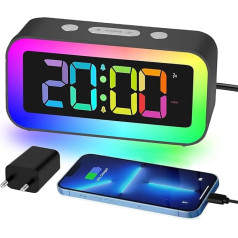 Digital Alarm Clock, RGB Coloured Alarm Clock for Bedroom, Double Alarm with Day/Weekday/Weekend/Snooze/Dimmable, USB Operated Bedside Alarm Clock with Large LED Display for Children, Teenagers, Deep