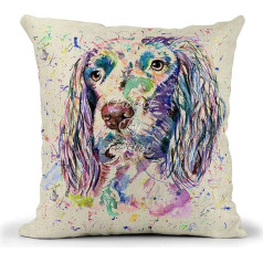 Spaniel Springer Watercolour Rainbow Art Linen Cushion with Filling or Cover 40 x 40 cm Gift Christmas Birthday (with Insert)