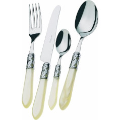 BUGATTI, Aladdin, 49-teiliges Besteckset aus Edelstahl, verchromtem Ring und IVORY-Farbgriff mit Perlmutt-Effekt. 12-Personen-Set: 12 Löffel, 12 Gabeln, 12 Messer, 12 Teelöffel und 1 Kelle
