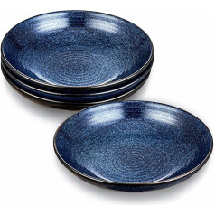 vicrays Ceramic Pasta Bowls Set, 36 Oz Large Wavy Salad Bowls, Wide and Flat, Chip Resistant, Dishwasher Safe, Microwave Safe, Serving Bowls, Set of 4 (Blue)